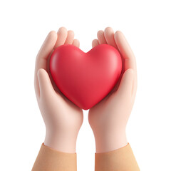 A 3D animated-style illustration showing two hands gently holding a red heart. The hands have a soft, cartoon-like appearance, with the person wearing orange sleeves. The red heart symbolizes love, ca
