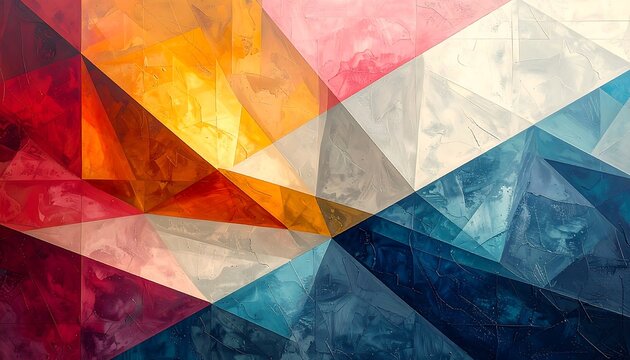 A vibrant, abstract composition of layered geometric shapes in a diverse palette from crimson to azure and gold, intersecting