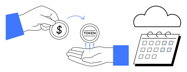 Hand exchanging dollar coin for token with cloud and calendar elements. Ideal for transactions, digital currency, blockchain, budget planning, fintech, subscription services, simple flat metaphor