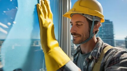Generative AI. Smiling man in yellow hard hat and gloves is cleaning a large window on a high-rise building, showcasing the urban skyline and bright blue sky in the background