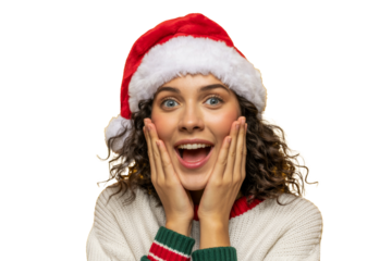 surprised woman in santa hat with hands on face.
