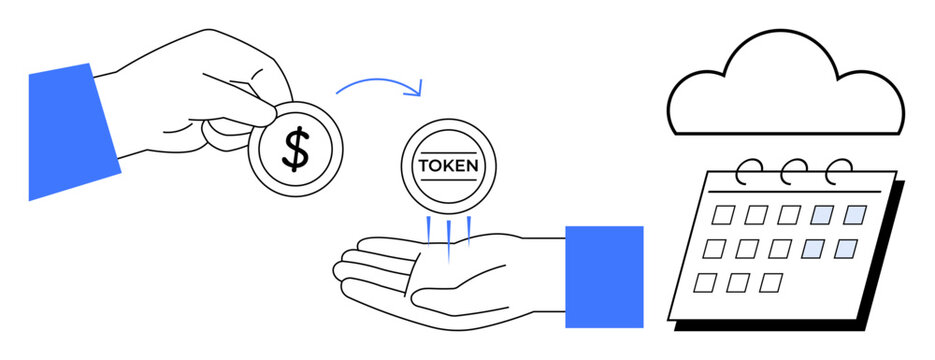 Hand exchanging dollar coin for token with cloud and calendar elements. Ideal for transactions, digital currency, blockchain, budget planning, fintech, subscription services, simple flat metaphor