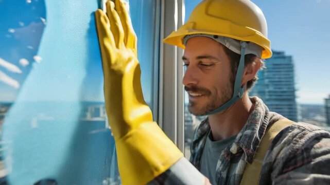 Generative AI. Smiling man in yellow hard hat and gloves is cleaning a large window on a high-rise building, showcasing the urban skyline and bright blue sky in the background - Powered by Adobe