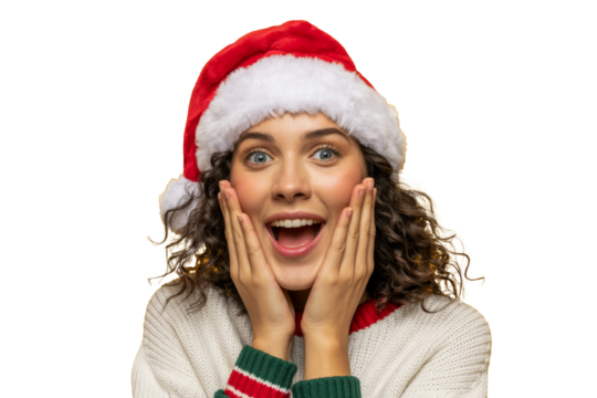 surprised woman in santa hat with hands on face.
