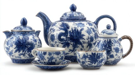 Ming porcelain tea set isolated on white background