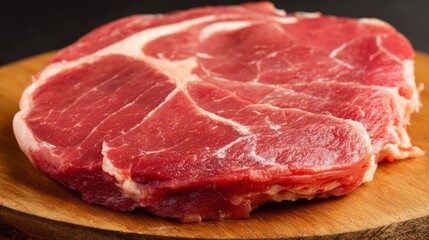 Close-up of raw beef on a wooden surface, showcasing freshness and culinary appeal.
