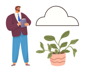 Professional man holding clipboard near cloud outline and potted plant. Ideal for sustainability, cloud computing, modern work, eco-consciousness, organization, productivity, digitalization. Simple