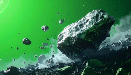 A vast, emerald-hued space scene. Jagged asteroids float amidst ethereal green clouds. A distant, luminous orb casts light