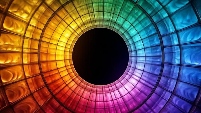 Abstract concentric circle pattern with rainbow colors and a dark center, creating a tunnel effect.