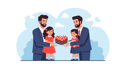 Illustration of two fathers and their daughters celebrating a special occasion with a chocolate cake and candles.