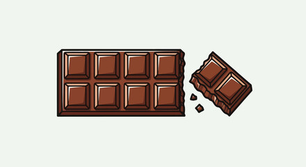 A pixel art illustration of a dark chocolate bar with a piece broken off and crumbs.
