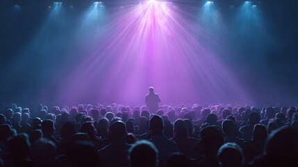 A speaker addresses an attentive audience under vibrant purple stage lights.