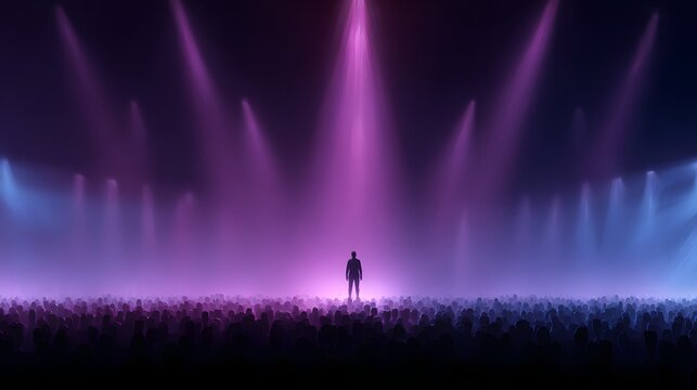 Lone figure stands before a large, illuminated crowd in a dim venue.