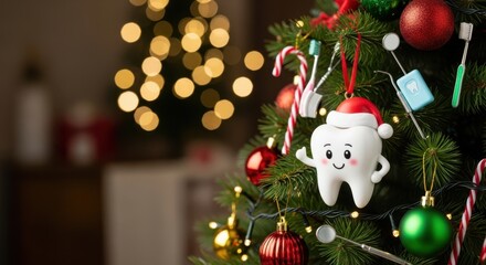 Tooth Hanging as Christmas Decoration — Dental Holiday Background with Copy Space