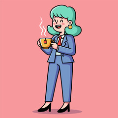 A cartoon illustration of a smiling businesswoman with mint green hair, wearing a blue suit and happily holding a steaming cup of tea.