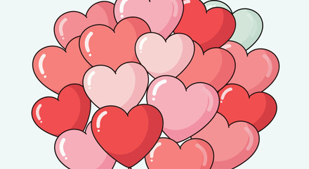A vibrant cluster of cartoon hearts in shades of pink and red on a light background.