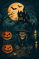 Spooky Witch with Pumpkins, Black Cat, and Haunted House under Full Moon on Halloween Night