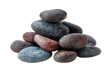 This is a pile of smooth, rounded pebbles placed against a transparent background. The stones vary in color, including shades of gray, reddish-brown, orange, and black. Each stone appears naturally po