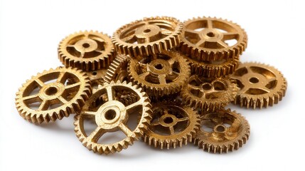Mini brass gear wheel pile isolated on white background