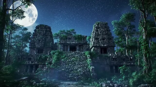Ancient temple ruins illuminated by moonlight in a lush forest environment