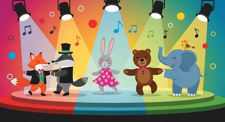 Obraz premium Cute Animals Performing on Stage with Spotlights and Music Notes.