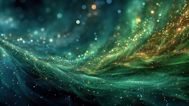 A mesmerizing swirl of green and gold cosmic elements, showcasing sparkling stars and ethereal textures against a deep backdrop, blurred green background for Christmas - Powered by Adobe