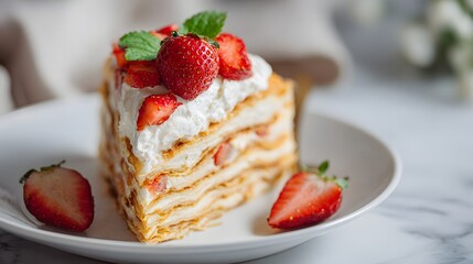 Slice of strawberry layered cake with fresh berries and cream.