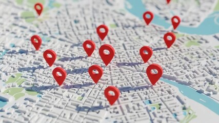 Digital Map with Multiple Location Markers on City Streets Aerial View - Powered by Adobe