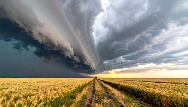 A vast, golden field stretches towards a distant horizon under a dramatic, swirling cloud formation, presaging an impending storm