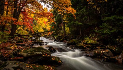 A tranquil river flows through a forest, surrounded by vibrant fall foliage. The water blurs, rocks covered in moss