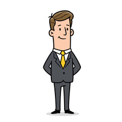A cartoon illustration of a businessman in a gray suit and yellow tie, standing politely with his hands clasped behind his back.