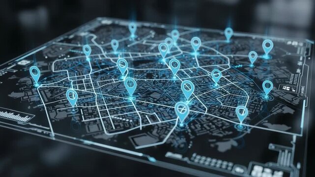 Digital map visualization with multiple location markers and glowing interface