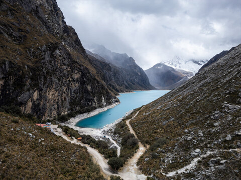 Huaraz, Peru:Aerial view of famous laguna paron in Caraz, Huaraz region, Peru, in the cordillera blanca and the Piramide peak in the back.