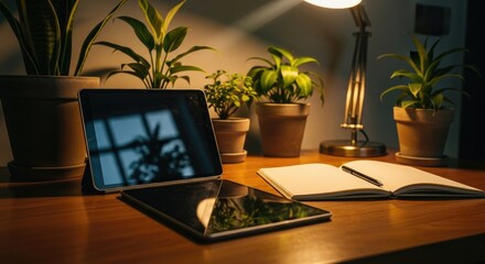 Desk with tablet notebook and plants in natural light home office setup