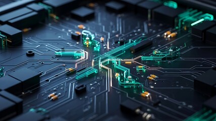 Obraz premium Macro Photograph of a Futuristic Circuit Board with Glowing Turquoise and Emerald Connections, Golden Capacitors and Resistors on Dark Metallic Base