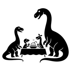 A charming silhouette of a dinosaur family enjoying dinner together at a table, a cute vector icon