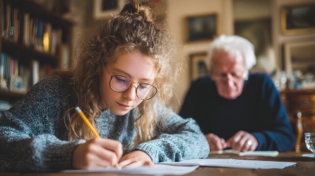 A girl with curly hair studies at a table with an elder in the background.