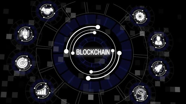 Blockchain technology concept illustrating decentralized network with relevant icons
