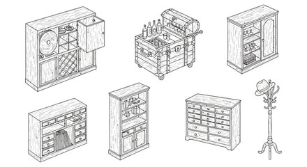 furniture arrangement assortment of vintage wooden furniture pieces in isometric view illustrating interior design and classic style ideal for home decor concepts