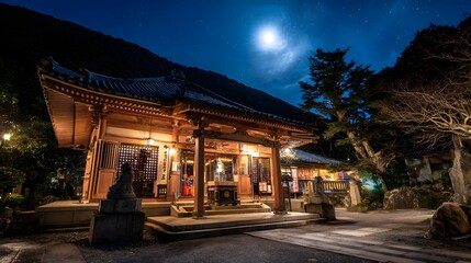 Illuminated temple structure stands against a starry night sky.