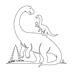 Charming illustration of two friendly dinosaurs on a white background with a pine tree, perfect for children's books and decorations