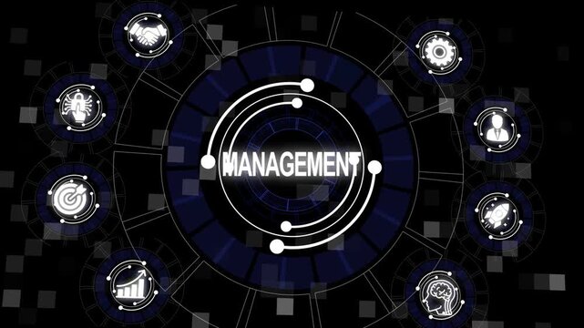 Animated graphic depicting business management concepts with futuristic interface elements