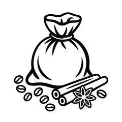 Bag of coffee beans with cinnamon sticks and star anise