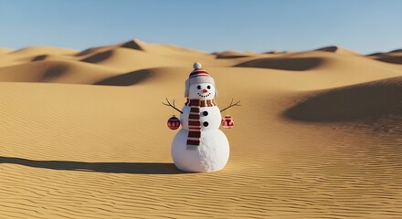 Obraz premium Snowman with Christmas decorations standing in the middle of a desert under bright sunlight, symbolizing contrast between&nbsp;winter&nbsp;and&nbsp;heat