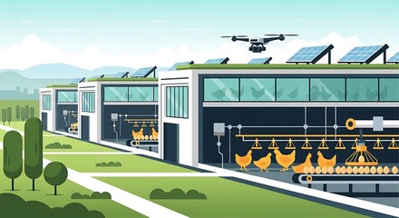 Modern sustainable poultry farm with drone and solar panels.