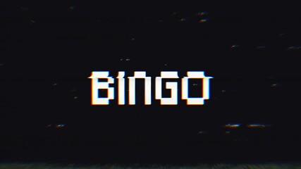 Bingo glitch text animation with VHS effect on black background. 4k footage video - Powered by Adobe