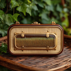Vintage Audio Device in Lush Greenery Setting with Rustic Elements