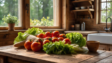 Rustic farmhouse kitchen scene with wooden table full of fresh vegetables in warm natural light representing healthy lifestyle and home cooking