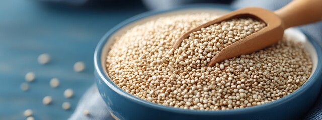 bajra  atta / flour of pearl millet served in a bowl with small wooden scoop, selective focus