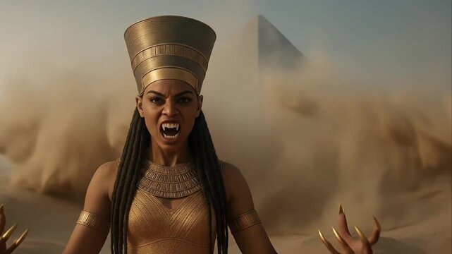 Egypt Vampire Queen Tiye cast a spell with Sand Explosion in Desert near Pyramid Loop